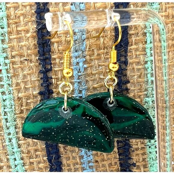 Artisan Green & Black Swirl Half Circle Dangle Earrings 1.5" Drop - Picture 1 of 2